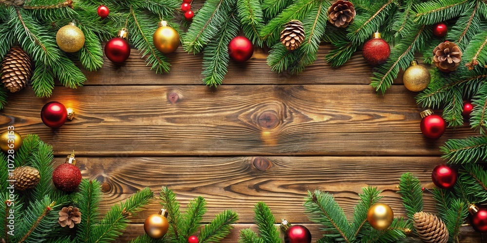 Festive Christmas Background with Rustic Wooden Plank Texture and Evergreen Branches Decorated with Ornaments and Pine Cones Festive Christmas Background with Rustic Wooden Plank Texture and Evergreen Branches Decorated with Ornaments and Pine Cones