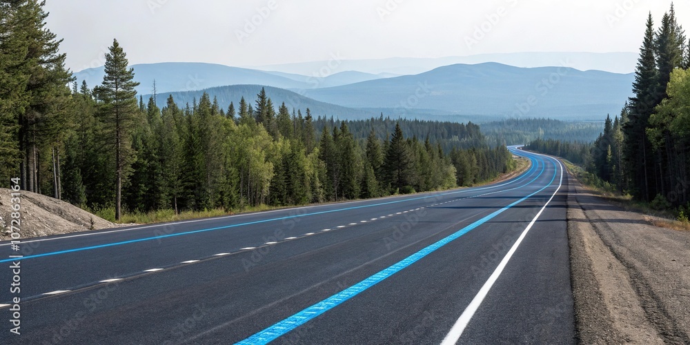 Naklejka premium A long stretch of asphalt highway with a white lane and blue road markings, surrounded by trees and a distant mountain range, travel, country road, drive