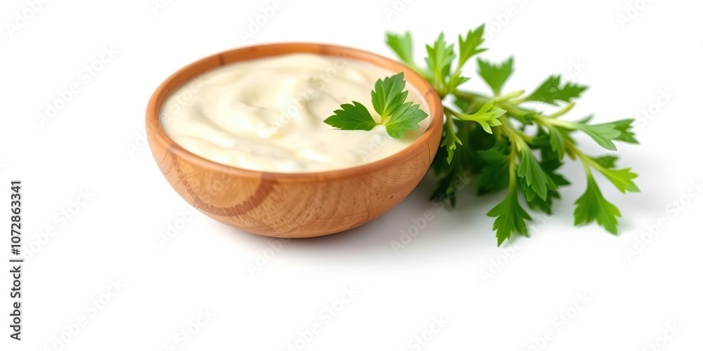 Creamy garlic aioli sauce in a small bowl isolated on a white background, food photography, dip, culinary Creamy garlic aioli sauce in a small bowl isolated on a white background, food photography, dip, culinary