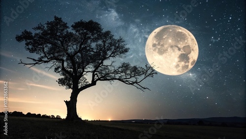 A solitary tree stands in the foreground as a radiant full moon rises above the dark and serene night sky, solitary, full moon