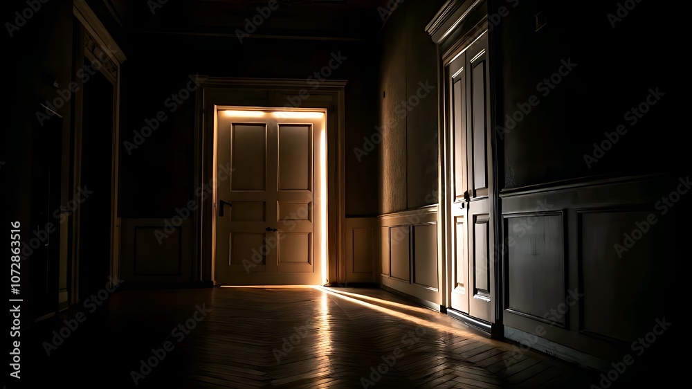 Mysterious hallway with warm light from an ajar door, dark wood paneling, and a dimly lit staircase.
3. Interior hallway with a glowing door, dark wood walls, and a suspenseful, dimly lit atmosphere Mysterious hallway with warm light from an ajar door, dark wood paneling, and a dimly lit staircase.
3. Interior hallway with a glowing door, dark wood walls, and a suspenseful, dimly lit atmosphere