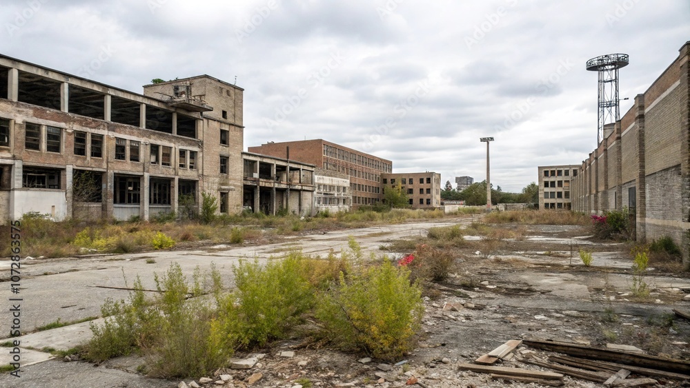 Abandoned construction site with crumbling buildings, urban blight, rubble, demolition Abandoned construction site with crumbling buildings, urban blight, rubble, demolition