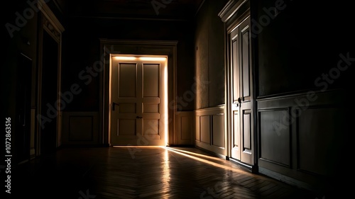 Mysterious hallway with warm light from an ajar door, dark wood paneling, and a dimly lit staircase.
3. Interior hallway with a glowing door, dark wood walls, and a suspenseful, dimly lit atmosphere