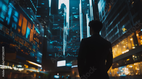 Abstract business man stands on the peak of success amid tall, innovative Smart city and graphs with statistics to analyze business potential and predict future developments in company growth.