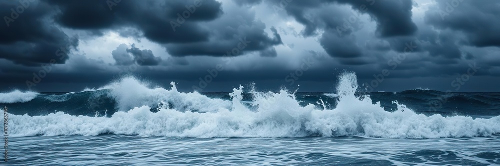 Dark storm clouds gather overhead as violent waves crash against the shore, sending a powerful water shock wave rippling through the ocean, violence, chaos, sea Dark storm clouds gather overhead as violent waves crash against the shore, sending a powerful water shock wave rippling through the ocean, violence, chaos, sea