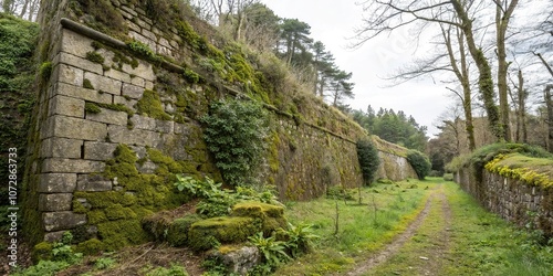 Ancient stone wall with overgrown vegetation, moss, and lichen, weathered, serenity, stone wall, scenery, calmness