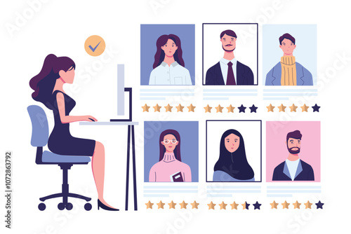 HR Manager working at desk, searching new employee, select resumes of job seekers. flat illustration
