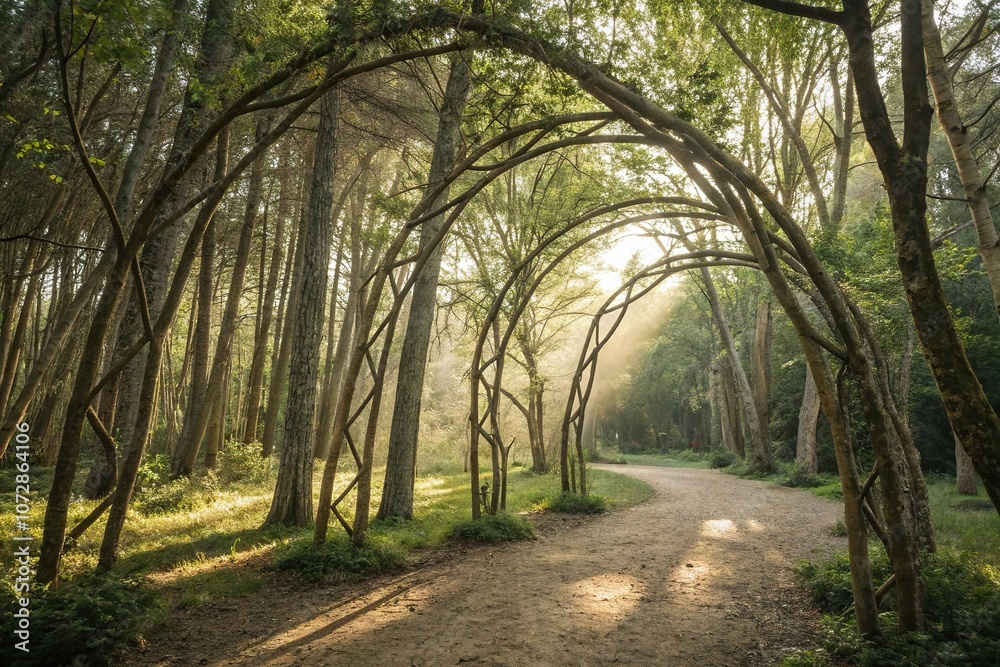 Delicate arches formed by slender tree branches in a sunlit forest clearing, forest clearing, arches, forest landscape, sunlight filtering
