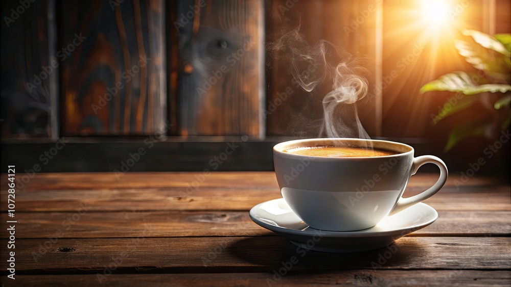 Obraz premium A steaming cup of coffee on a rustic wooden table with sunlight streaming through the background.