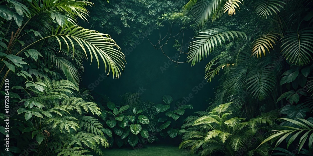 Fototapeta premium Dark green background with tropical jungle foliage, tropical landscape, natural beauty, botany