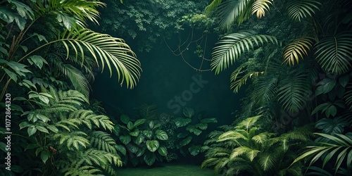 Dark green background with tropical jungle foliage, tropical landscape, natural beauty, botany