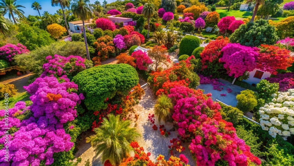 Stunning Drone Photography of Bougainvillea Flowers Branches in a Vibrant Garden Against a Clear Blue Sky, Showcasing Nature's Beauty and Colorful Blooms for Stock Imagery Stunning Drone Photography of Bougainvillea Flowers Branches in a Vibrant Garden Against a Clear Blue Sky, Showcasing Nature's Beauty and Colorful Blooms for Stock Imagery