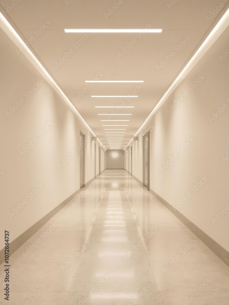 Empty hallway illuminated by soft LED lighting with minimal blur effect, hallway, bright, technology