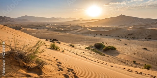 Fototapeta Naklejka Na Ścianę i Meble -  Glowing sunlit desert landscape with shimmering sand dunes, dunes, warm, radiance, golden, light