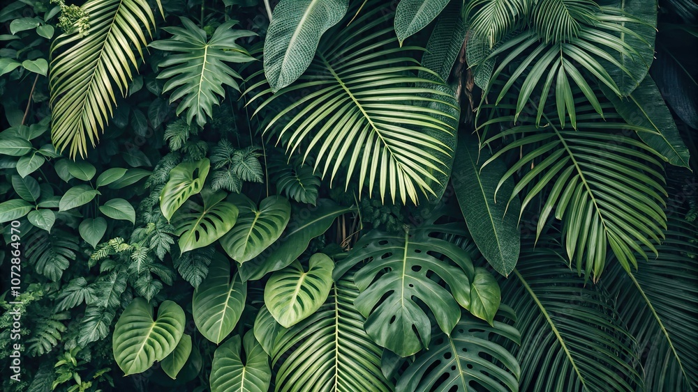 Fototapeta premium Exotic jungle foliage with various tropical plants and leaves arranged in a seamless repeating pattern, trees, overgrown, tropical