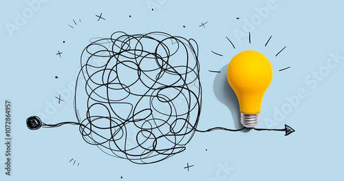 Clarifying complex ideas theme with light bulb - Flat lay