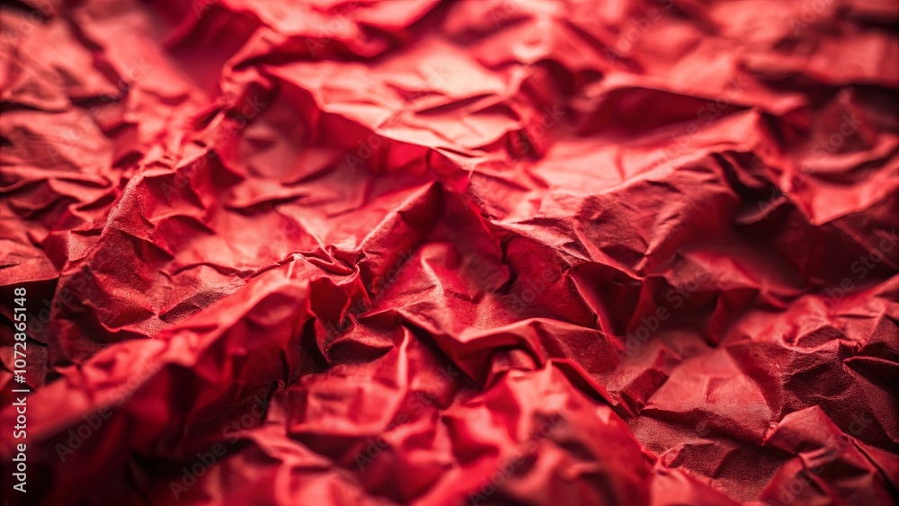 A Close-Up View of Deep Red Wrinkled Paper, Its Surface Illuminated by Soft Light, Creating a Captivating Texture and Abstract Pattern A Close-Up View of Deep Red Wrinkled Paper, Its Surface Illuminated by Soft Light, Creating a Captivating Texture and Abstract Pattern