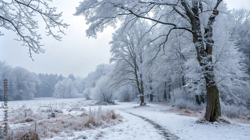 Frosty forest glade with twinkling ice crystals and snow-covered trees, sparkling snow, enchanted woods, icy forest Frosty forest glade with twinkling ice crystals and snow-covered trees, sparkling snow, enchanted woods, icy forest