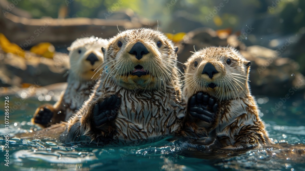 Three otters playfully floating in the water. Three otters playfully floating in the water.