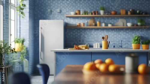 Dining table in interior of kitchen with fridge and counter