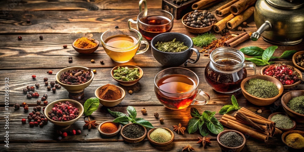 Aromatic herbal teas with a variety of dried spices and ingredients arranged on a rustic wooden background Aromatic herbal teas with a variety of dried spices and ingredients arranged on a rustic wooden background
