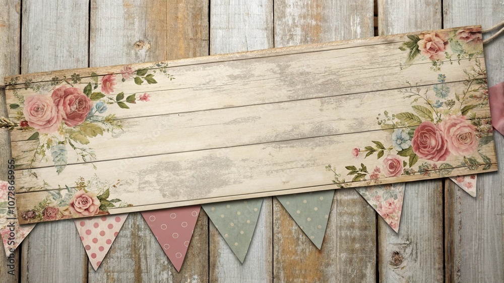 Fototapeta premium Vintage style grunge banner with worn wood texture and floral patterns, bohemian style, posters