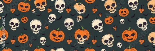 Halloween pattern featuring skulls and pumpkins in a spooky design, pumpkin, seasonal