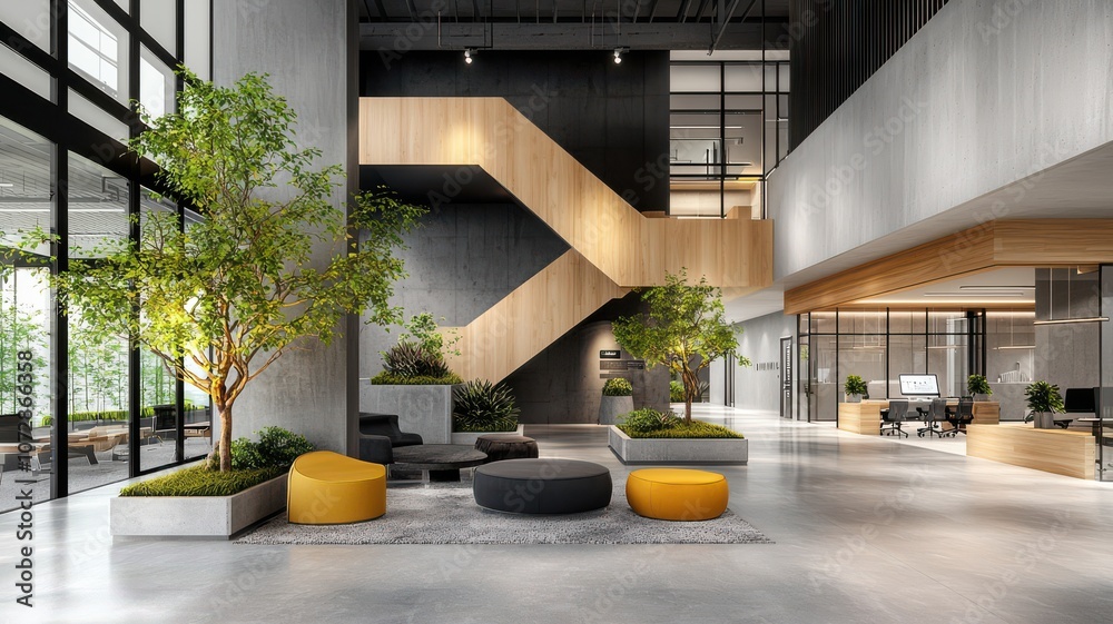 Fototapeta premium Modern office lobby showcasing stylish design and greenery for a welcoming atmosphere.