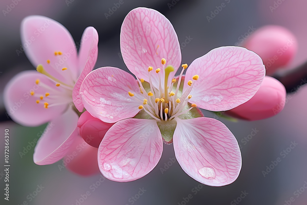 Obraz premium Peach and light lilac tones with delicate spring flowers set against an abstract background.