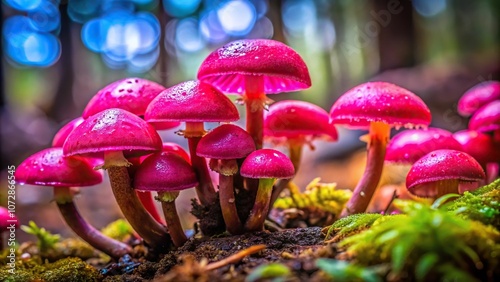 A cluster of vibrant fuschia fungi in a damp environment, wild, vegetation photo