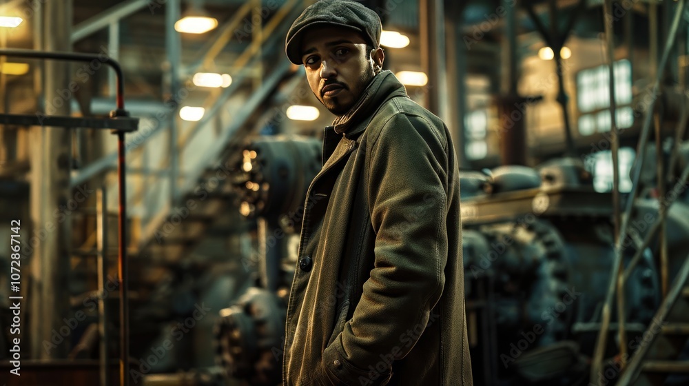 A man in a cap stands in a dim industrial setting, looking directly at the camera. A man in a cap stands in a dim industrial setting, looking directly at the camera.
