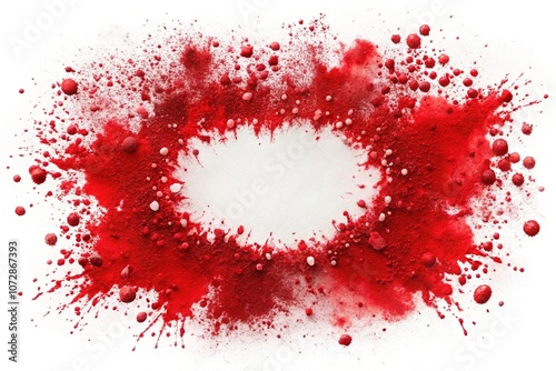 A red paint splatter forms a unique pattern on a white background, colorful design, creative style