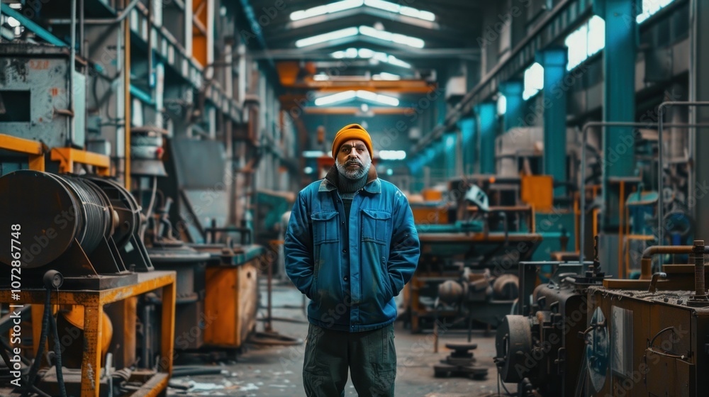 A man in an industrial setting with a serious expression, looking directly at the camera. A man in an industrial setting with a serious expression, looking directly at the camera.