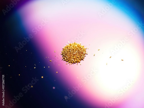 A single gold glittering particle reflected in a still shiny metallic surface with vibrant colors and dynamic lighting, microscopicview, glitteringparticle photo