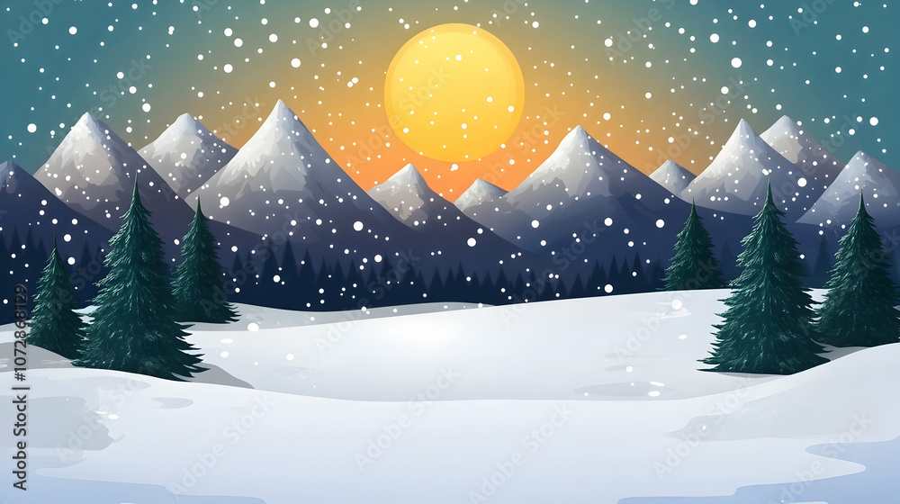 Fototapeta premium A snowy landscape with a setting sun and snow covered mountains in the background.