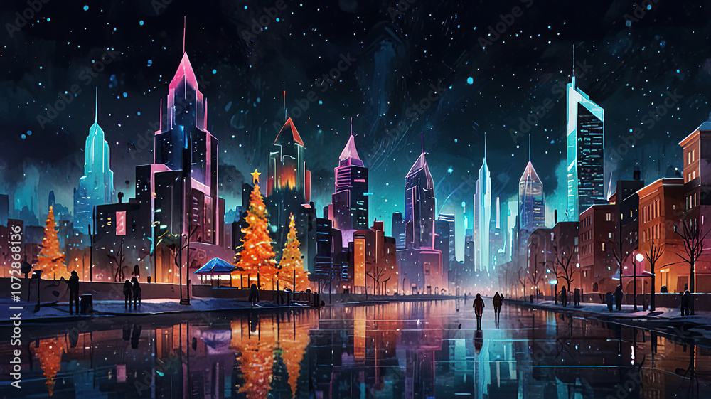 Obraz premium Colorful Christmas City Celebration at Night