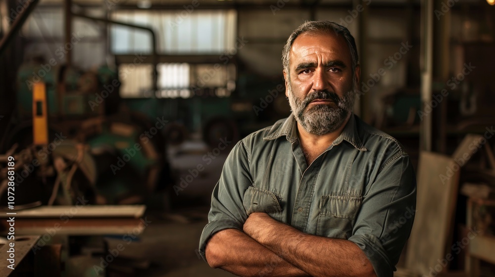 A man with a beard stands with arms crossed, looking directly at the camera, in an industrial setting.