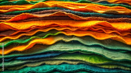 A vibrant tapestry of layered felt, showcasing a spectrum of earthy hues, with rich orange and yellow tones contrasting against deep green and blue shades, creating a captivating textural landscape.