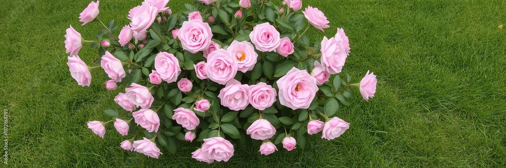 Beautiful pink rose bush blooming in a lush green lawn, summer, lawn Beautiful pink rose bush blooming in a lush green lawn, summer, lawn