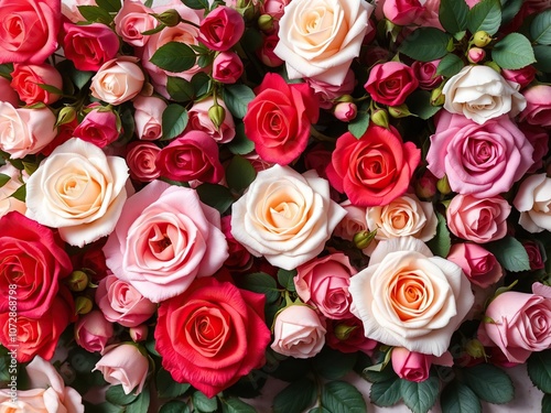 Beautiful floral wall background featuring stunning roses in various colors, perfect for adding a touch of elegance to any design project, garden, summer