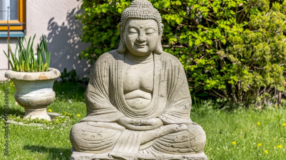Stone Buddha statue in a garden with green grass and a potted plant. Stone Buddha statue in a garden with green grass and a potted plant.