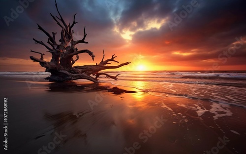 A dramatic sunset over a beach with a twisted tree silhouette reflecting on the wet sand.