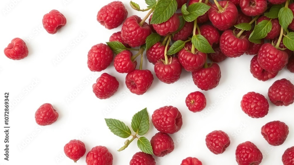 Cluster of vibrant ripe red raspberries arranged neatly on a clean white background, fruit, ripe Cluster of vibrant ripe red raspberries arranged neatly on a clean white background, fruit, ripe