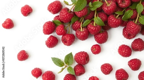 Cluster of vibrant ripe red raspberries arranged neatly on a clean white background, fruit, ripe