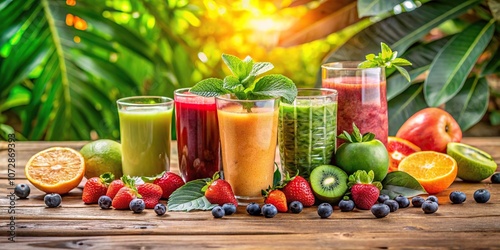Fototapeta Naklejka Na Ścianę i Meble -  Colorful blended drink sitting on a wooden table surrounded by fresh fruits and leaves, nutrition, table, kitchen, juices