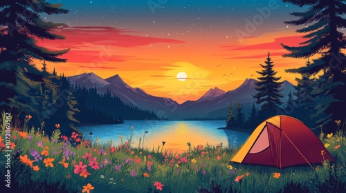 Wallpaper Mural Serene Sunset Camping Scene in Mountain Valley with Tent, Wildflowers, and Lake Reflections Torontodigital.ca