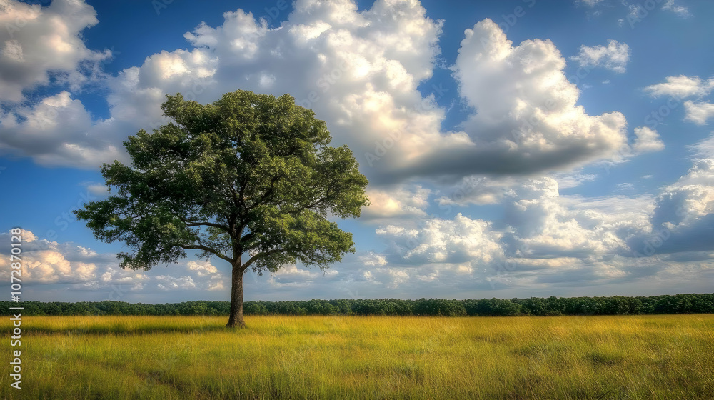 A solitary tree stands tall in a field of golden grass under a blue sky with fluffy white clouds. A solitary tree stands tall in a field of golden grass under a blue sky with fluffy white clouds.