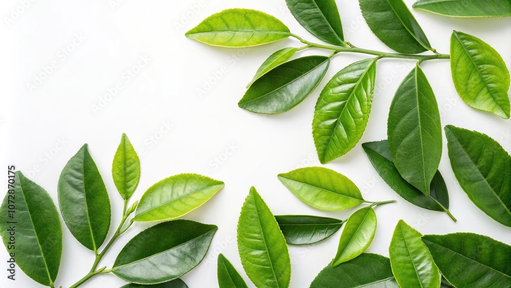 Fresh green citrus leaves on a white background, edible flowers, green foliage, herb garden Fresh green citrus leaves on a white background, edible flowers, green foliage, herb garden