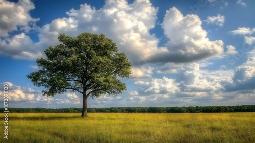 A solitary tree stands tall in a field of golden grass under a blue sky with fluffy white clouds.