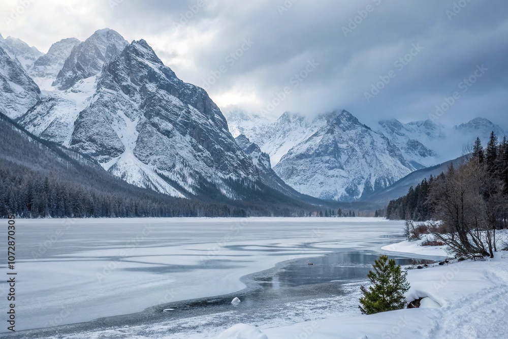 Frosty landscape with snow-covered mountains and frozen lake, alpine scenery, snowfall, frozen water Frosty landscape with snow-covered mountains and frozen lake, alpine scenery, snowfall, frozen water